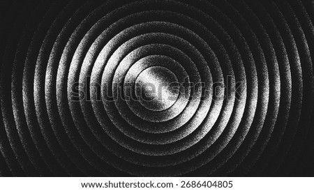 Swirling stippling pattern of concentric rings radiates with hypnotic balance and geometric rhythm. Twisted spiral illusion form hypnotic vortex effect for conceptual art posters and music visuals