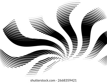 Remolinos de cintas rayadas. Patrón negro sobre fondo blanco. Elemento de diseño. Vector de fondo. Plantilla, flor, estrella, sol, textil. Bandera, Viento