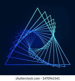 Swirling symbol. Optical illusion. Twisted triangle. 3D wireframe abstract tunnel. Vector illustration.