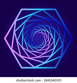 Swirling symbols. Optical illusion. Twisted structure. 3D wireframe abstract tunnel. Vector illustration.