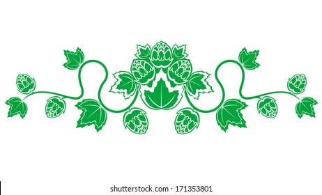 Swirling symmetrical green hop and malt border with an organic eco shape, silhouette illustration on white. Jpeg version also available in gallery