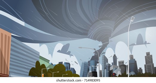 Tornado En La Ciudad Destruye Edificios Huracán Peligra Enorme Ataque De Agua Vitivinícola Tormenta Natural Desastre Concepto Vector Plano Ilustración