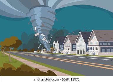 Swirling Tornado in Village Destroy Houses Hurricane Danger Huge Wind Waterspout Storm Natural Disaster Concept Flat Vector Illustration