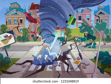 Swirling Tornado In Village. Hurricane Destroying Houses And Street. Natural Disaster Concept Cartoon Vector Illustration.