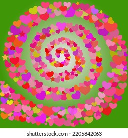 Swirling towards the center of many small hearts of various colors green backdrop.