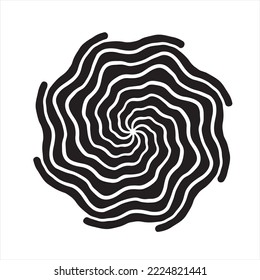 Forma negra redonda giratoria y giratoria aislada sobre blanco. El doodle dibujado a mano tiene un círculo desigual, decoración vórtice circular. Líneas onduladas de espiral concéntrica, patrón de rayas enrolladas. Fondo, plantilla de marco.