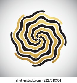 Swirling, twisting round gold and black shape. Hand drawn doodle uneven circle, vortex circular decoration. Concentric spiral wavy lines, coiled golden foil striped pattern. Background, frame template