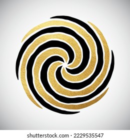 Swirling, twisting round gold and black shape. Hand drawn doodle uneven circle, vortex circular decoration. Concentric spiral lines, coiled golden foil striped pattern, whirlpool. Background template.