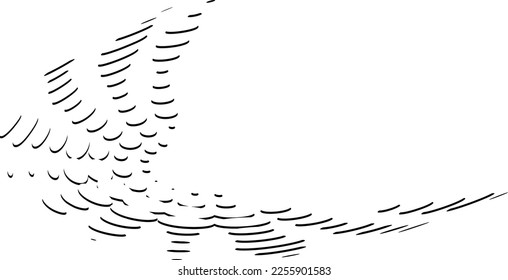 A swirling vector funnel of wave crests, sketchy squiggles. Contour whirlpool from sequences of curved strokes.