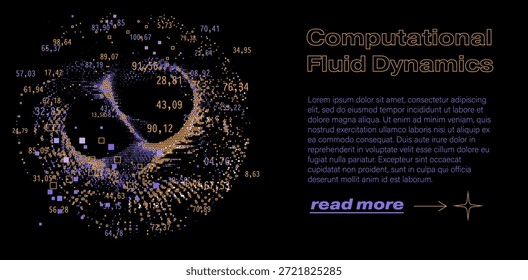 Wirbelwirbel, gebildet durch gestreute leuchtende Teilchen, Punkte und Quadrate mit schwebenden numerischen Werten. Konzeptuelle Vektorgrafik für rechnerische Fluiddynamik, Teilchensimulation und wissenschaftliche Datenvisualisierungsthemen.