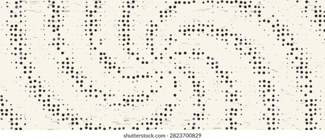 A swirling vortex of minuscule black circles creates an abstract graphic design on a subtly distressed off-white surface. Ideal for digital backgrounds or branding elements.