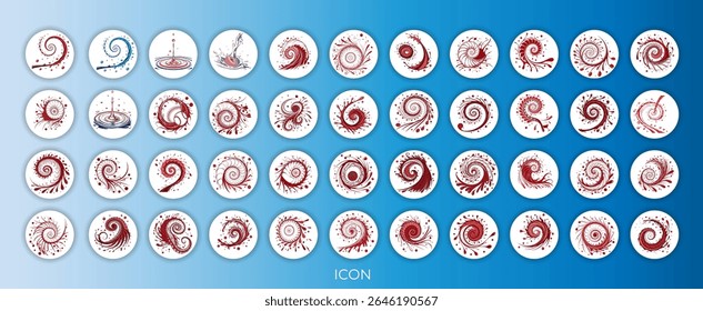 A swirling vortex of vibrant red paint splashes and droplets against a white background.  The paint forms a spiral, with thick, dynamic lines and numerous small, round droplets.  The color is a deep, 