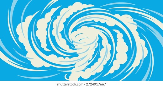 Un remolino de nubes blancas contra un cielo azul brillante, ilustrando un fenómeno de Clima dramático e intenso desde un punto de vista directamente superior.