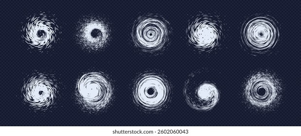 Swirling vortexes representing hurricanes, cyclones, and tornadoes with dynamic spinning motion. Natural force graphic element for weather news, science visuals, disaster designs. Vector illustration