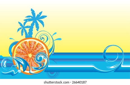 Swirling wave design with palm trees and orange