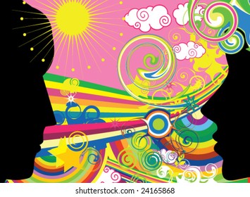Swirling wave design with silhouette of woman and man