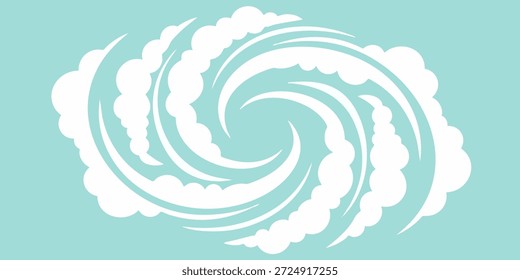A swirling white cloud formation against a light blue background viewed from a distance