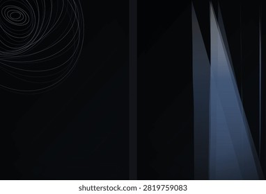 Swirling white lines on dark background with intersecting gradient blue geometric shapes