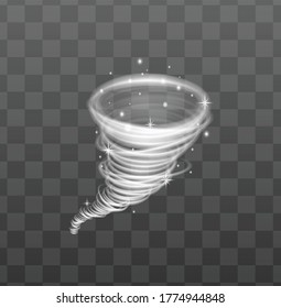 Voladizo de tornado eólico o huracán relámpago con chispas ilustrativas vectoriales realistas aisladas en un fondo transparente. Huracán mágico brillante o embudo de tormenta.