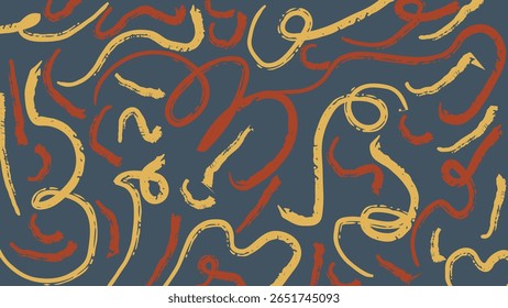 Gelbe und rote Kritzellinien über eine tiefe Marineleinwand wirbeln. Ein gewagter, energischer und künstlerischer Abstrakt mit einer skizzenhaften Textur.