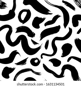 Swirls, brush strokes and dots vector seamless pattern. Hand drawn ink abstract background. Wavy brushstrokes, smears, circles, blots and splotches. Texture for wallpaper, wrapping paper, textile.