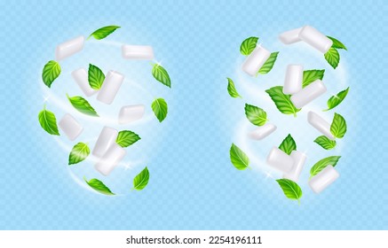 Swirls of chewing gums and mint leaves flying on wind. Concept of fresh breath, menthol flavor, dental health. Sweet bubblegums flying with green leaves, vector realistic illustration