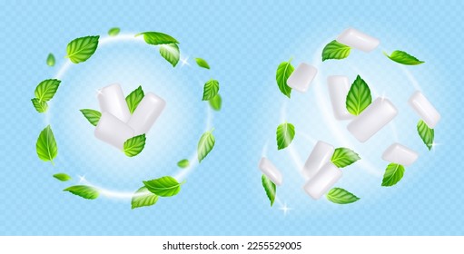 Swirls of chewing gums and mint leaves flying on wind. Concept of fresh breath, menthol flavor, dental health. Sweet bubblegums flying with green leaves, vector realistic illustration