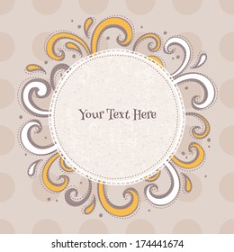 Swirls colorful vintage background. Curls and drops surrounding round beige frame on light brown back.