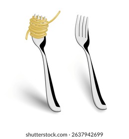 Swirls Of Cooked Spaghetti On Silver Fork. EPS10 Vector