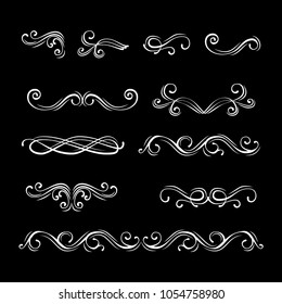 Swirls, curls, flourish filigree elements set. Dividers. Vector illustration. Calligraphy design, postcard, menu wedding invitation romantic style