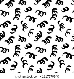 Swirls and curls vector seamless pattern. Grunge black paint brush strokes. Curly hair imitation doodle ornament. Hand drawn black and white curved lines. Modern monochrome simple geometric texture.