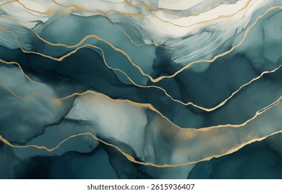 Swirls of deep oceanic colors blend seamlessly with marble golden accents, creating an ethereal watercolor vector background. This abstract design captures fluidity and elegance