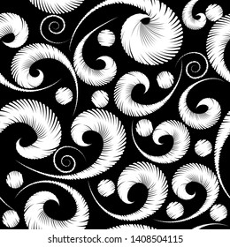 Swirls embroidery vector seamless pattern. Grunge polka dots, Paisley flowers. Decorative tapestry vintage ornament. Embroidered flowers, leaves, swirls. Floral black and white textured background.