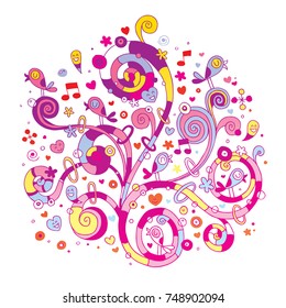Swirls flowers hearts and birds