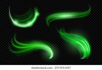 Swirls and glowing effects with dust or mint leaves particles. Vector realistic curves and waves, flares and beams or shimmer texture. Curved lines, motions with tiny pieces of foliages or stardust