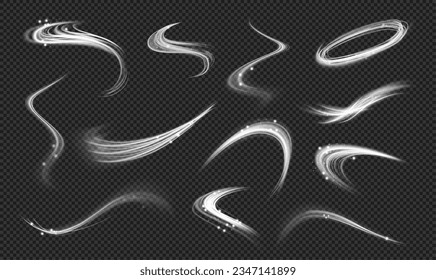 Swirls and glowing effects with dust, realistic illustration collection. Isolated curves and waves, flares and beams or shimmer texture. Illumination trail or dynamism representation