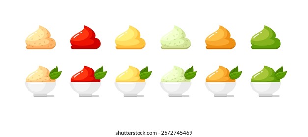 Swirls of ketchup, wasabi, mustard, cheese, mushroom and creamy garlic sauces in white bowls. Set of different dips, fruit mousses and vegetable purees or puddings. Vector flat cartoon illustrations