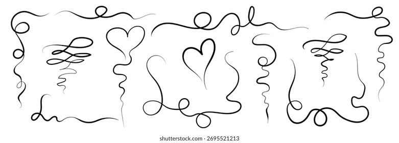 Swirls, looping threads, vector lines. Wavy lines with smooth curves. Curved line drawn by hand in black ink. Frame or border for decoration and Valentines day. Vector illustration.