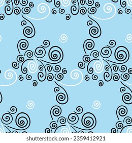 Swirls ornament. Dainty hand drawn geometric seamless pattern. Black and white spirals on light blue background