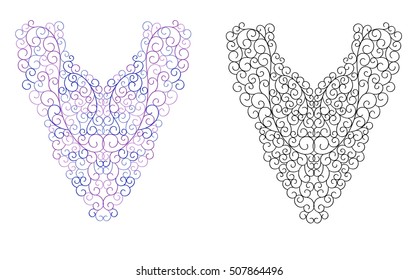 Swirls pattern , neck line designs. Vector illustration hand drawn. Fashion wedding embroidery pattern. Line art. T-shirt print.