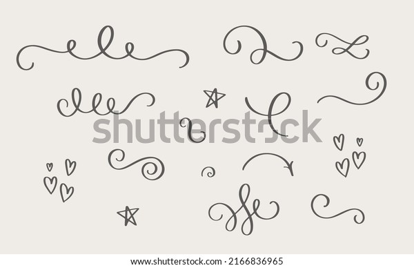 Swirls or scroll,\
vintage flourishes, stroke and curls. Swishes, swashes or swoops.\
Calligraphic line, wedding dividers text and calligraphy ornament\
ink vector design\
elements