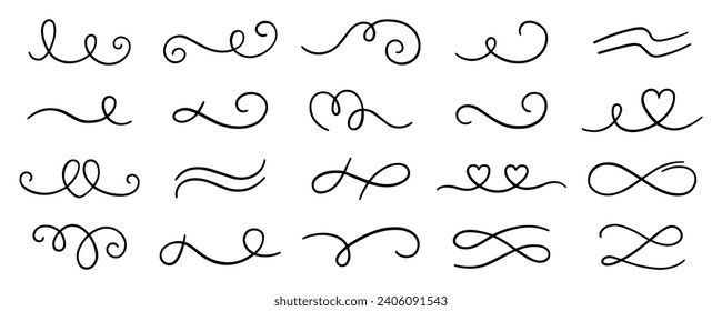 Swirls and scrolls ornament doodle. Wedding decoration, decorative design elements,  filigree curls, vintage dividers in sketch style. Hand drawn vector illustration isolated on white background