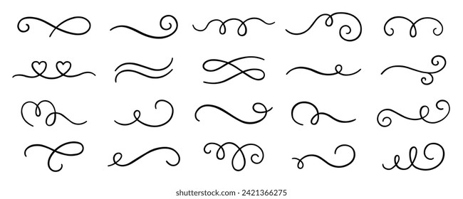 Swirls and scrolls ornament doodle. Wedding decoration, decorative design elements,  filigree curls, vintage dividers in sketch style. Hand drawn vector illustration isolated on white background