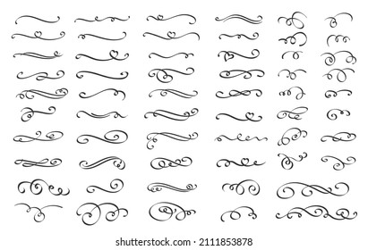 Swirls or scrolls, vintage flourishes, stroke and curls. Calligraphic line, wedding dividers text and calligraphy ornament ink design elements. Swishes, swashes or swoops vector illustration.