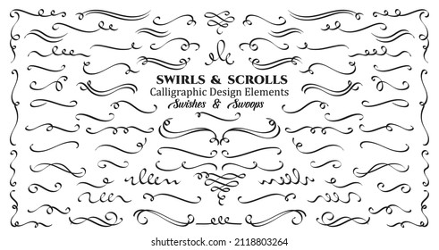 Swirls or scrolls, vintage flourishes, stroke and curls. Swishes, swashes or swoops. Calligraphic line, wedding dividers text and calligraphy ornament ink vector design elements.