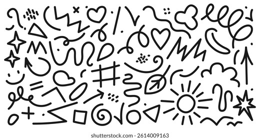 Swirls, Stars, Circles, Hearts, signs, Dots, ticks and Wavy lines. Naive playful abstract linear shapes, forms with editable strokes. Vector illustration isolated on white background