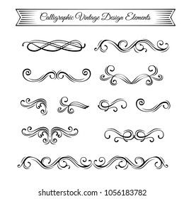 Swirls, swashes, scrolls. Ornate filigree borders. Flourish frames. Swirls set Calligraphy Vector illustration