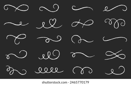 Swirls and swoosh ornament doodle. Chalk pencil wedding decoration, scrolls, crayon filigree curls, vintage dividers in sketch style. Hand drawn vector illustration isolated on black background