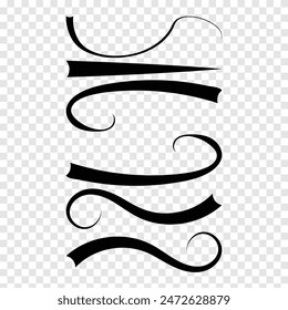 Swirls, vintage flourishes, stroke and curls. Swishes, swashes or swoops. Calligraphic line, wedding dividers text and calligraphy ornament ink vector design elements. Swash vector. Eps10.