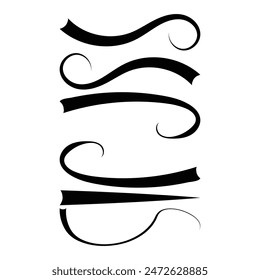 Swirls, vintage flourishes, stroke and curls. Swishes, swashes or swoops. Calligraphic line, wedding dividers text and calligraphy ornament ink vector design elements. Swash vector. Eps10.